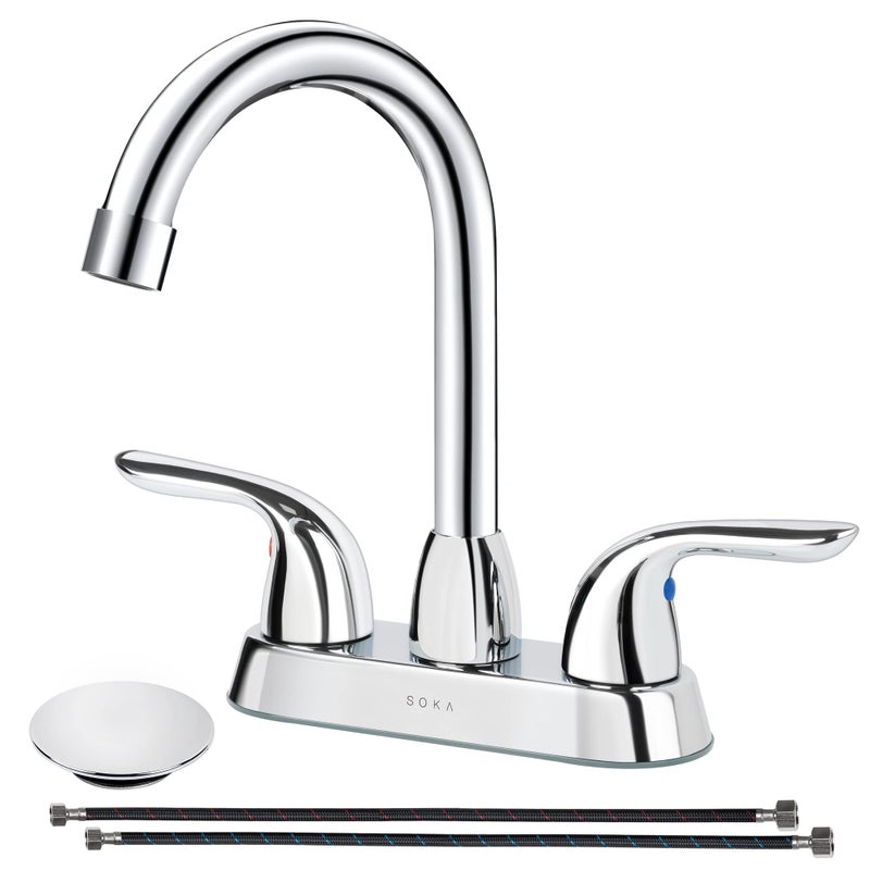 SOKA Two Handles Centerset Bathroom Faucet for Sink High Arc Stainless Steel with Deck Plate & Pop-Up Drain Assembly Fit 3 Hole Installation, Chrome (SK18001C) - Image 1